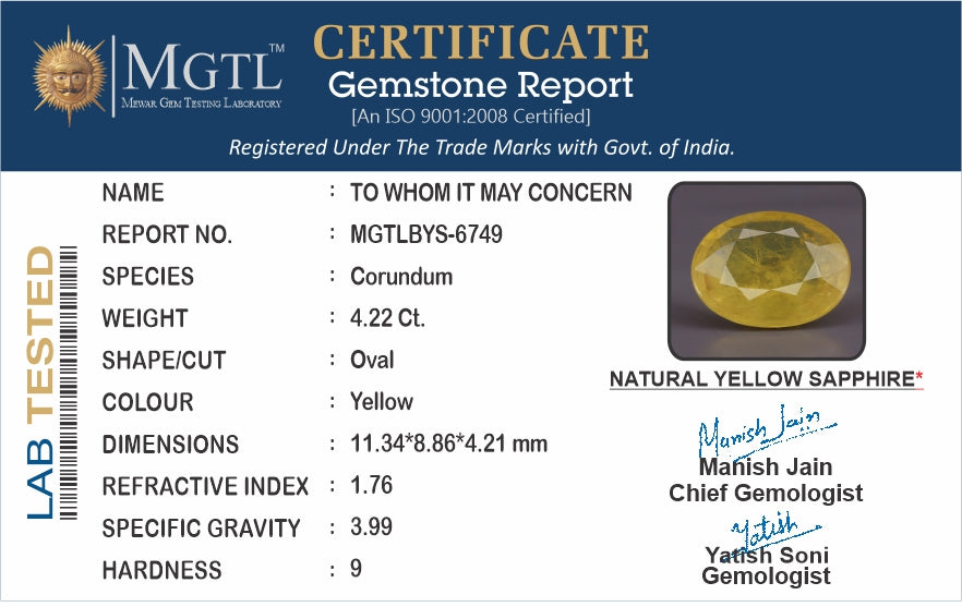 Thailand Yellow Sapphire - 4.22 Carat Prime Quality BYS-6749