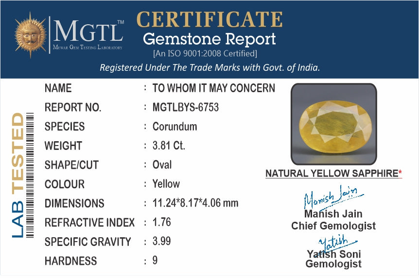 Thailand Yellow Sapphire - 3.81 Carat Prime Quality BYS-6753