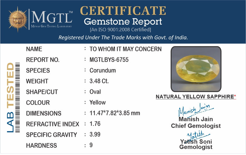 Thailand Yellow Sapphire - 3.48 Carat Prime Quality BYS-6755
