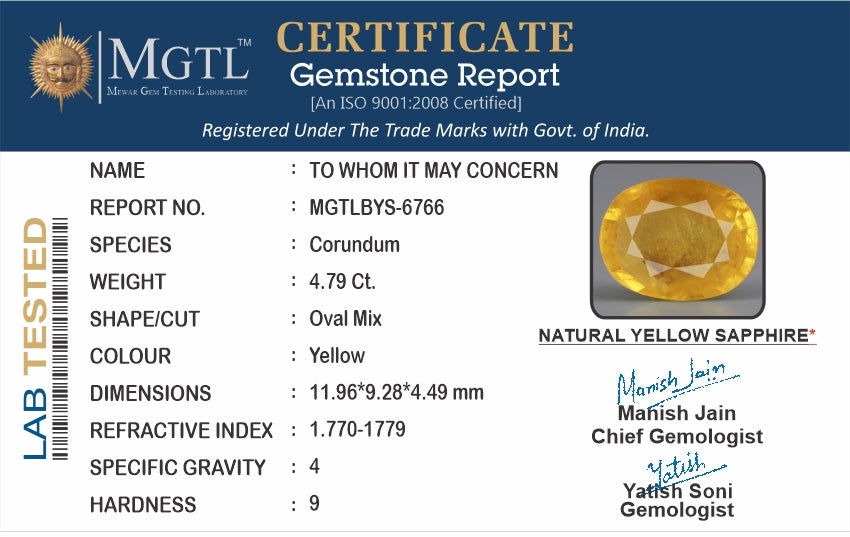 Thailand Yellow Sapphire - 4.79 Carat Prime Quality BYS-6766