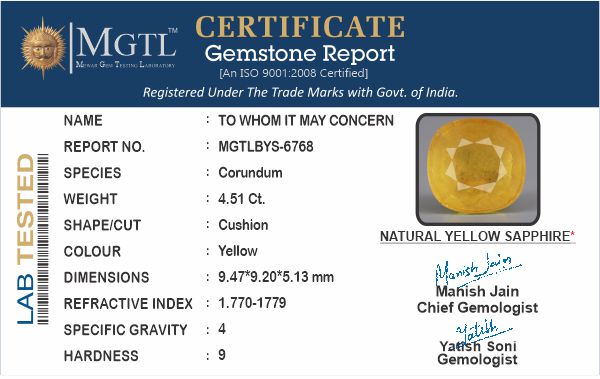 Thailand Yellow Sapphire - 4.51 Carat Prime Quality BYS-6768