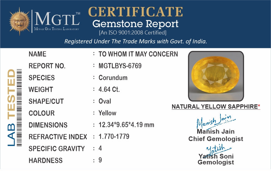 Thailand Yellow Sapphire - 4.64 Carat Prime Quality BYS-6769
