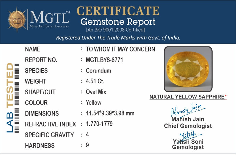 Thailand Yellow Sapphire - 4.51 Carat Prime Quality BYS-6771