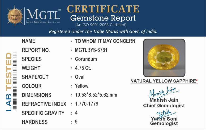 Thailand Yellow Sapphire - 4.75 Carat Prime Quality BYS-6781