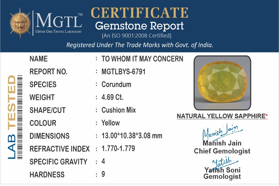 Thailand Yellow Sapphire - 4.69 Carat Prime Quality BYS-6791