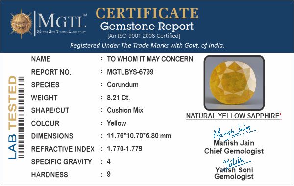 Thailand Yellow Sapphire - 8.21 Carat Prime Quality BYS-6799