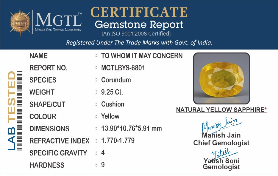 Thailand Yellow Sapphire - 9.25 Carat Prime Quality BYS-6801