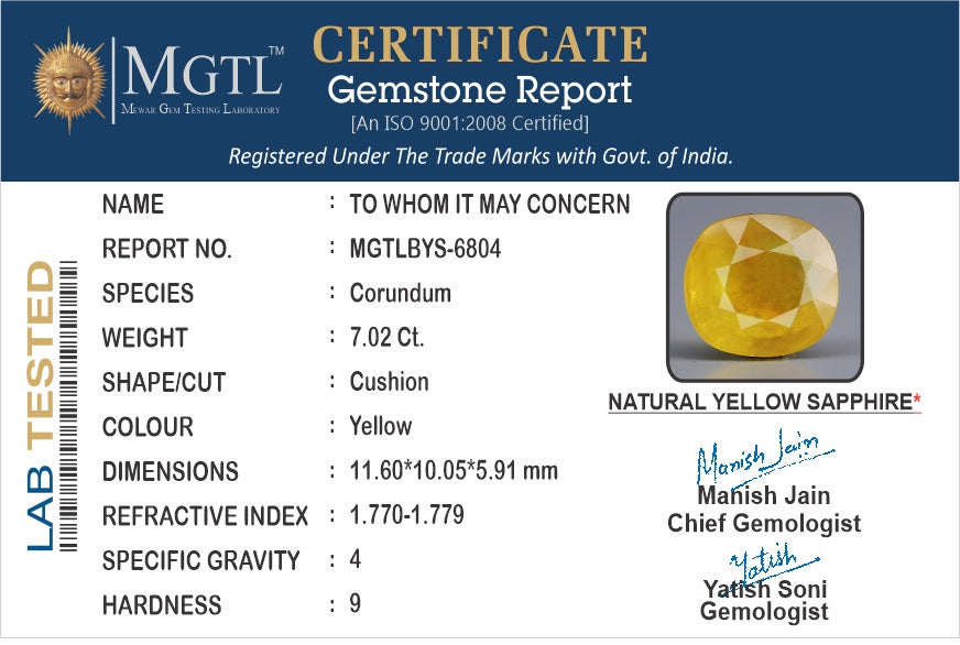 Thailand Yellow Sapphire - 7.02 Carat Prime Quality BYS-6804
