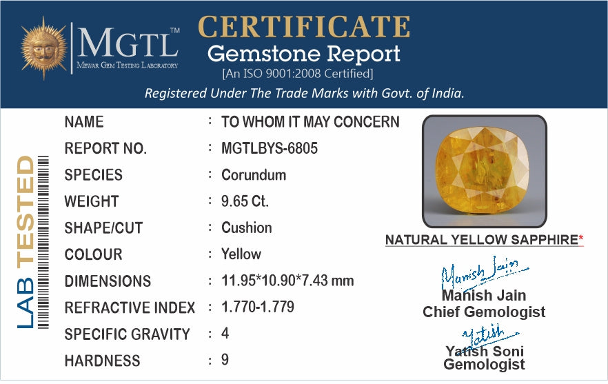 Thailand Yellow Sapphire - 9.65 Carat Prime Quality BYS-6805