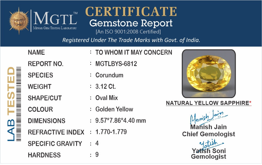 Thailand Yellow Sapphire - 3.12 Carat Limited Quality BYS-6812