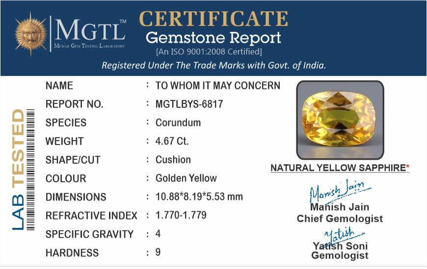 Thailand Yellow Sapphire - 4.67 Carat Limited Quality BYS-6817
