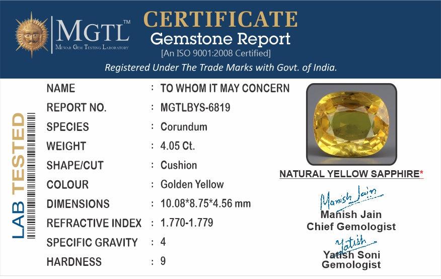 Thailand Yellow Sapphire - 4.05 Carat Limited Quality BYS-6819