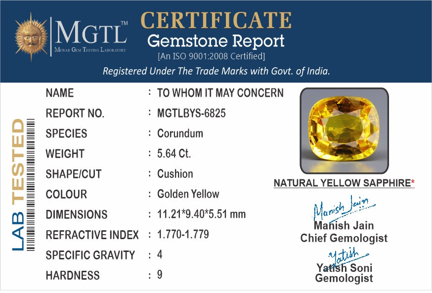 Thailand Yellow Sapphire - 5.64 Carat Rare Quality BYS-6825