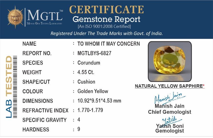 Thailand Yellow Sapphire - 4.55 Carat Rare Quality BYS-6827