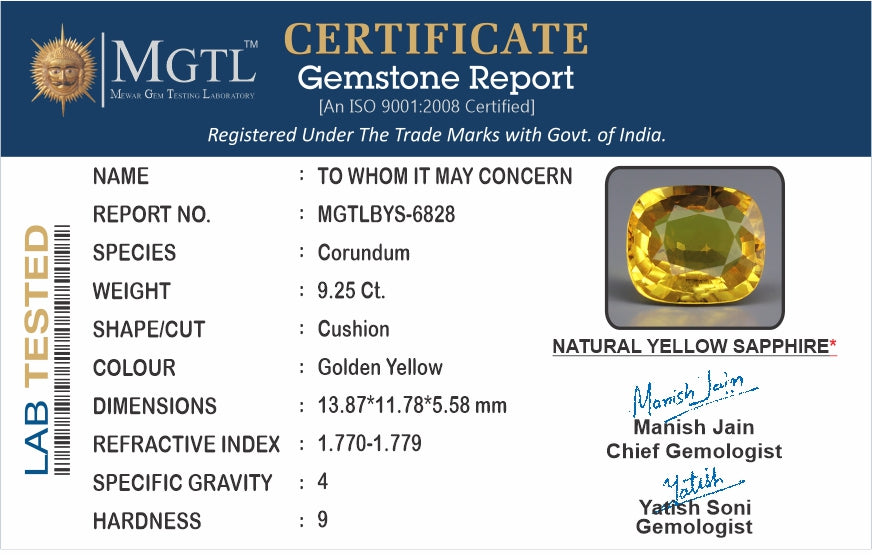 Thailand Yellow Sapphire - 9.25 Carat Rare Quality BYS-6828