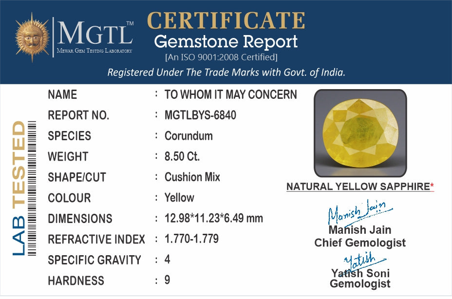 Thailand Yellow Sapphire - 8.50 Carat Prime Quality BYS-6840