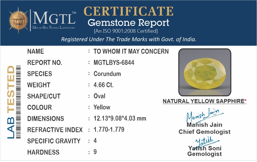 Thailand Yellow Sapphire - 4.66 Carat Prime Quality BYS-6844