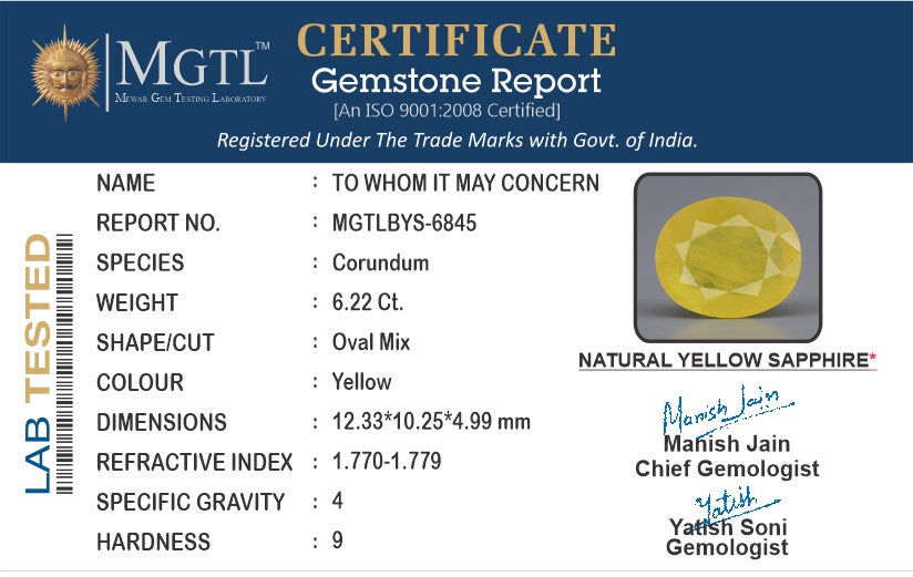 Thailand Yellow Sapphire - 6.22 Carat Prime Quality BYS-6845