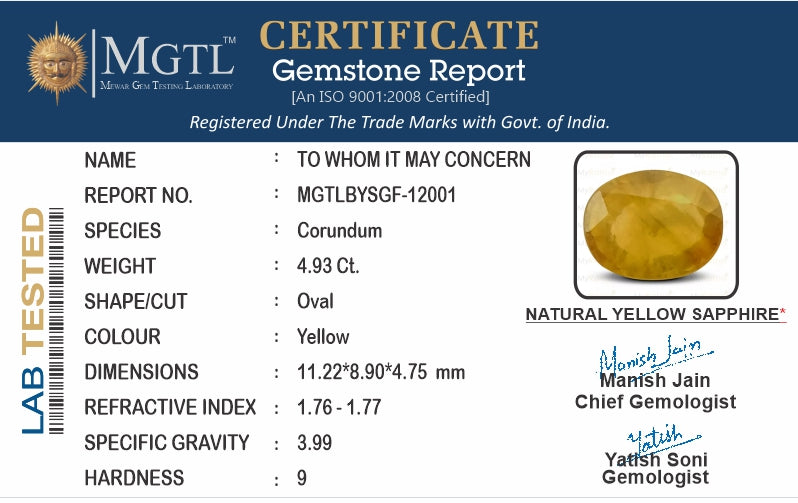Thailand Yellow Sapphire - 4.93 Carat Fine Quality BYSGF-12001