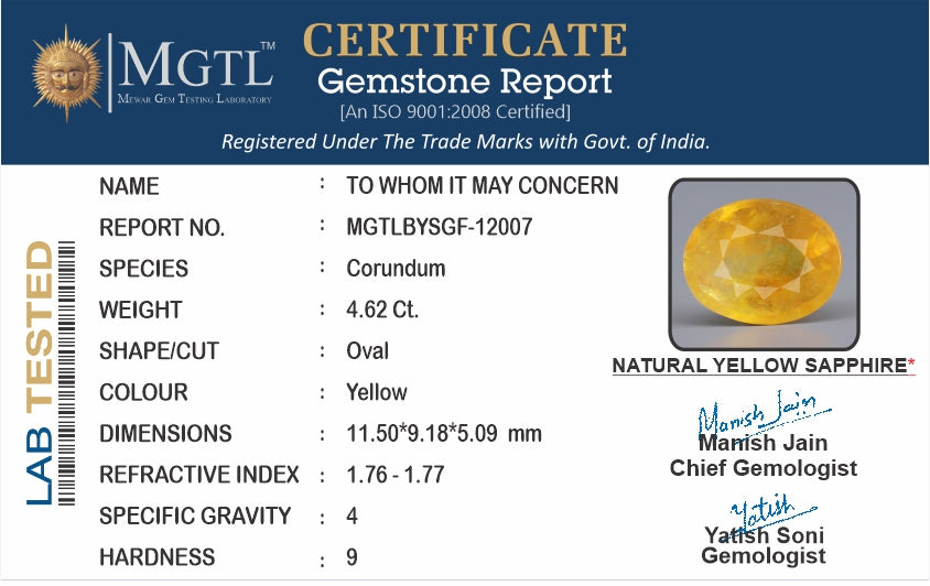 Thailand Yellow Sapphire - 4.62 Carat Fine Quality BYSGF-12007