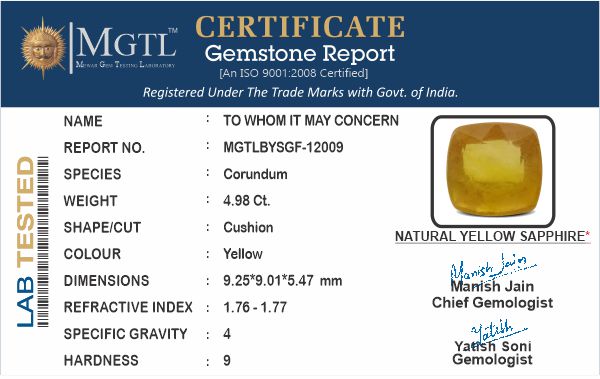 Thailand Yellow Sapphire - 4.98 Carat Fine Quality BYSGF-12009