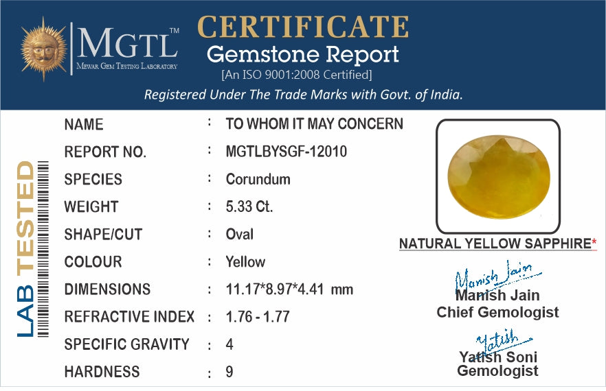 Thailand Yellow Sapphire - 5.33 Carat Fine Quality BYSGF-12010