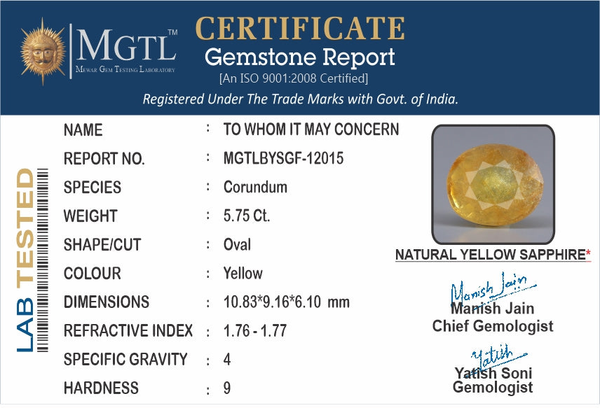 Thailand Yellow Sapphire - 5.75 Carat Fine Quality BYSGF-12015