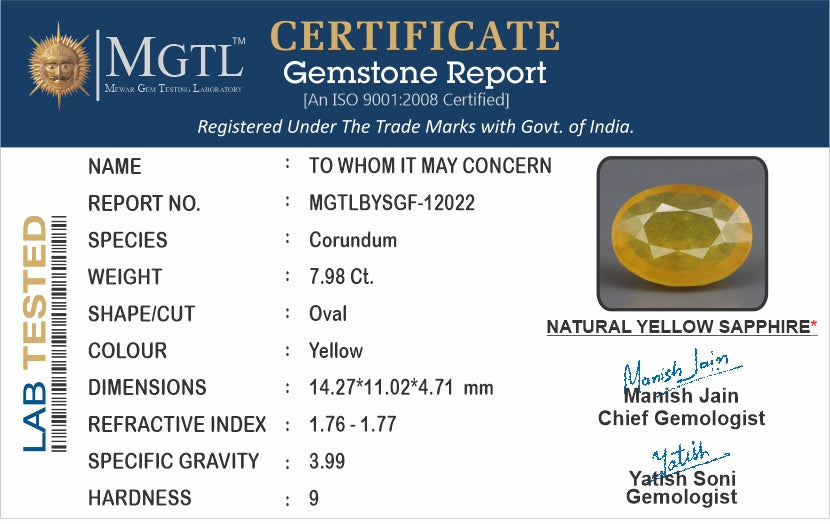 Thailand Yellow Sapphire - 7.98 Carat Fine Quality BYSGF-12022