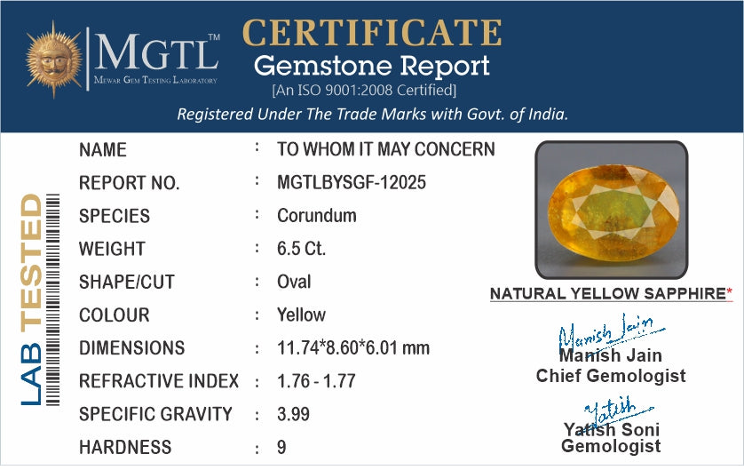 Thailand Yellow Sapphire - 6.5 Carat Fine Quality BYSGF-12025