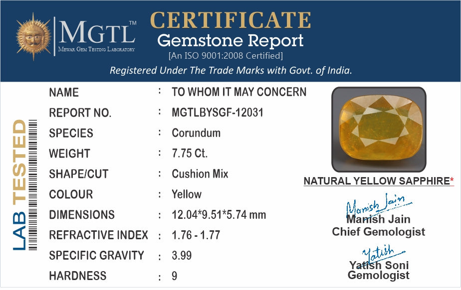 Thailand Yellow Sapphire - 7.75 Carat Fine Quality BYSGF-12031
