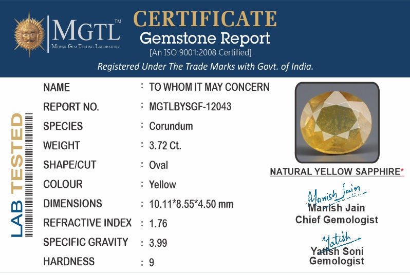 Thailand Yellow Sapphire - 3.72 Carat Prime Quality BYSGF-12043