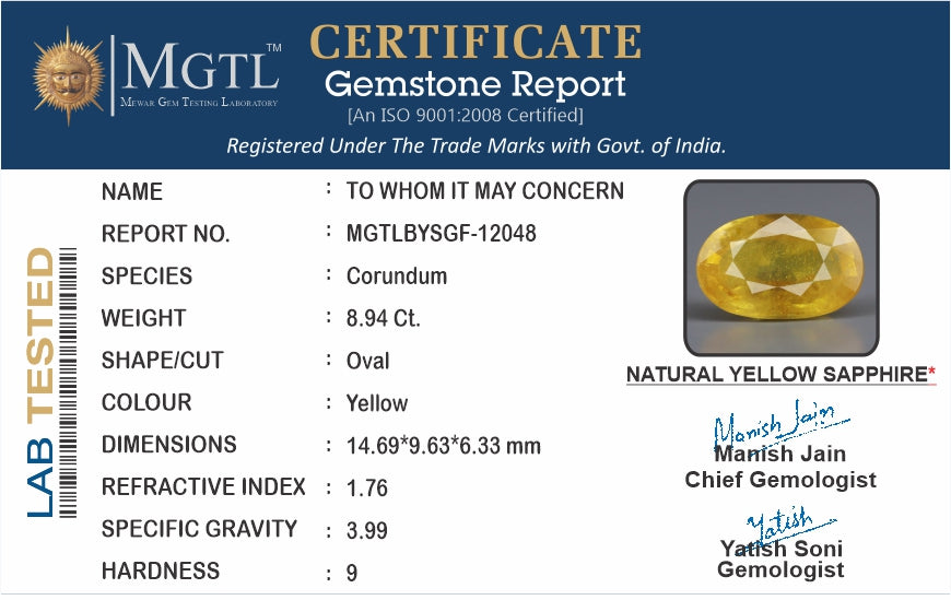 Thailand Yellow Sapphire - 8.94 Carat Prime Quality BYSGF-12048