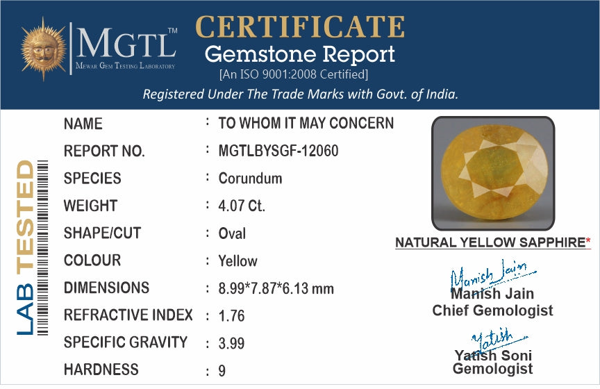 Thailand Yellow Sapphire - 4.07 Carat Prime Quality BYSGF-12060