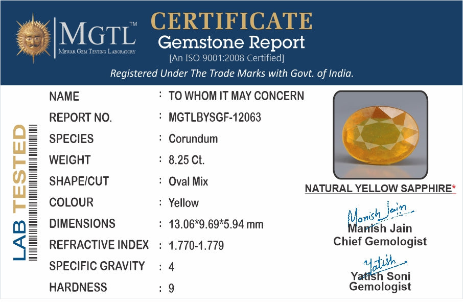 Thailand Yellow Sapphire - 8.25 Carat Prime Quality BYSGF-12063