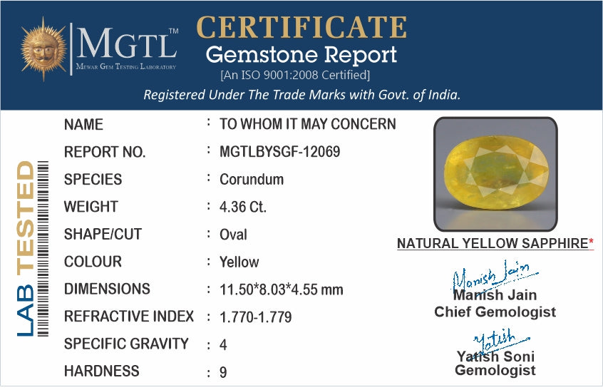 Thailand Yellow Sapphire - 4.36 Carat Prime Quality BYSGF-12069