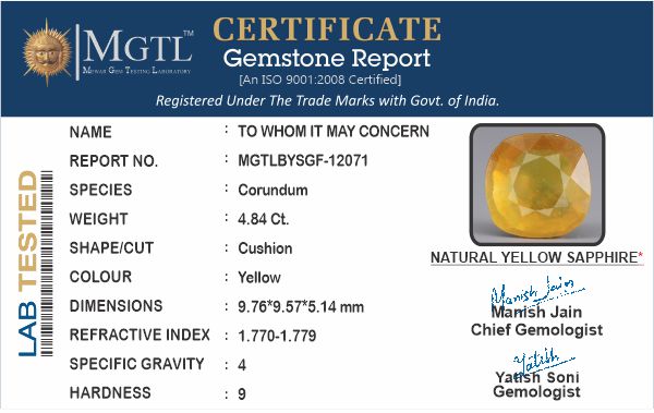 Thailand Yellow Sapphire - 4.84 Carat Prime Quality BYSGF-12071