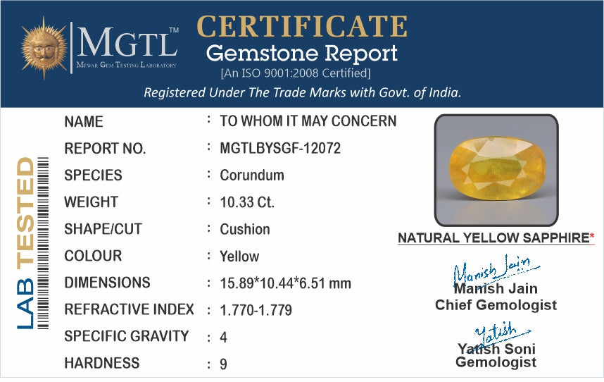 Thailand Yellow Sapphire - 10.33 Carat Prime Quality BYSGF-12072