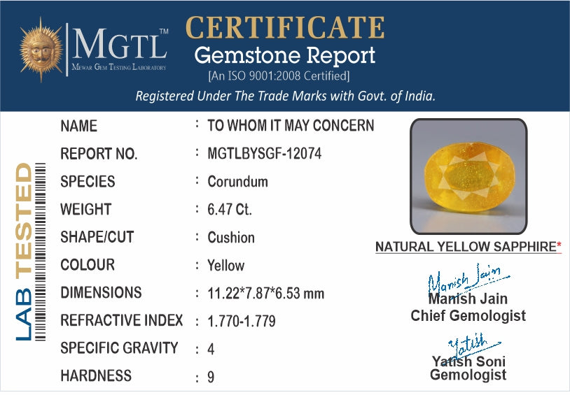 Thailand Yellow Sapphire - 6.47 Carat Prime Quality BYSGF-12074