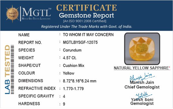 Thailand Yellow Sapphire - 4.57 Carat Prime Quality BYSGF-12075