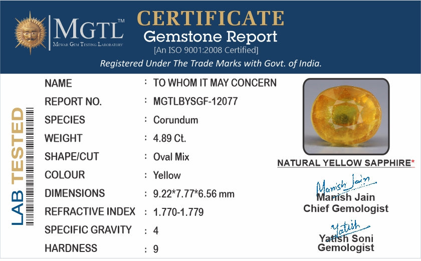 Thailand Yellow Sapphire - 4.89 Carat Prime Quality BYSGF-12077