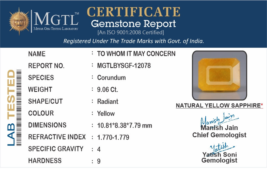 Thailand Yellow Sapphire - 9.06 Carat Prime Quality BYSGF-12078