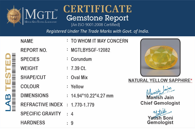 Thailand Yellow Sapphire - 7.39 Carat Prime Quality BYSGF-12082
