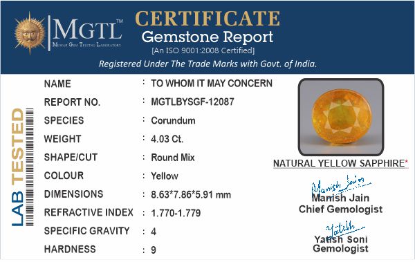 Thailand Yellow Sapphire - 4.03 Carat Prime Quality BYSGF-12087