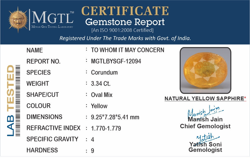 Thailand Yellow Sapphire - 3.34 Carat Prime Quality BYSGF-12094