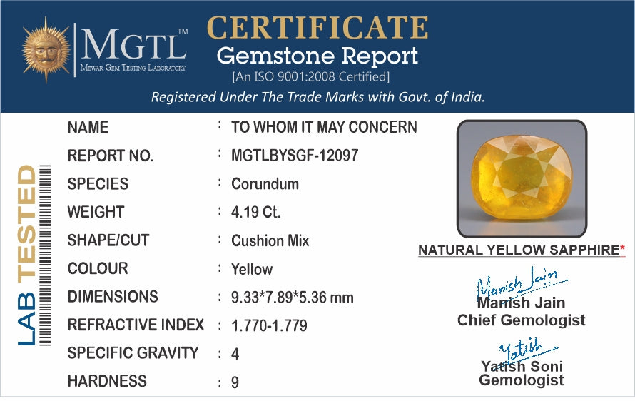 Thailand Yellow Sapphire - 4.19 Carat Prime Quality BYSGF-12097