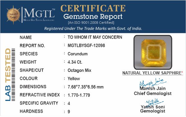 Thailand Yellow Sapphire - 4.34 Carat Prime Quality BYSGF-12098