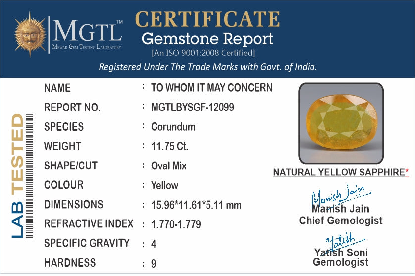Thailand Yellow Sapphire - 11.75 Carat Prime Quality BYSGF-12099