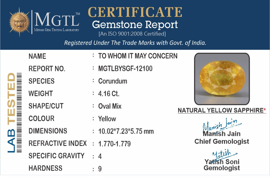 Thailand Yellow Sapphire - 4.16 Carat Prime Quality BYSGF-12100