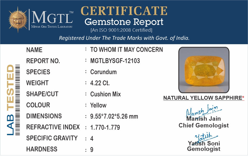 Thailand Yellow Sapphire - 4.22 Carat Prime Quality BYSGF-12103