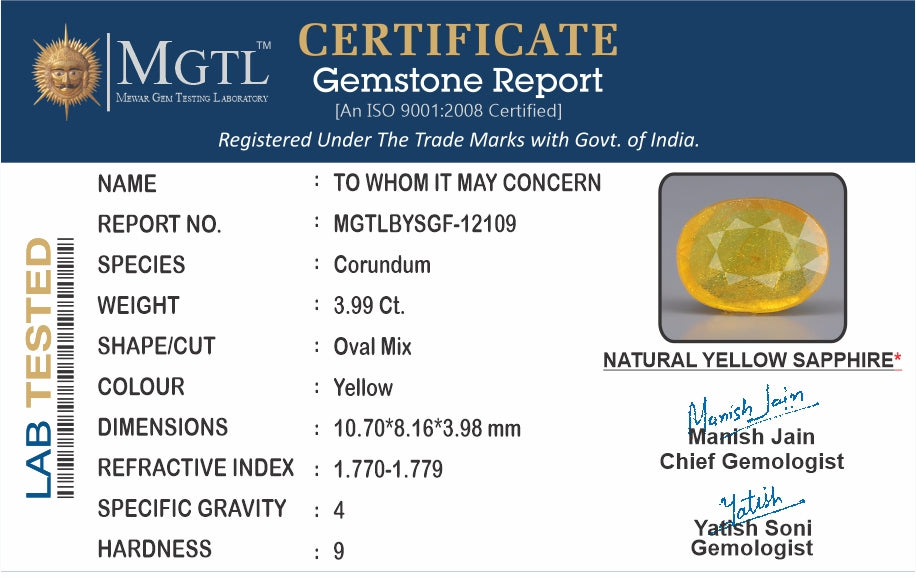 Thailand Yellow Sapphire - 3.99 Carat Prime Quality BYSGF-12109